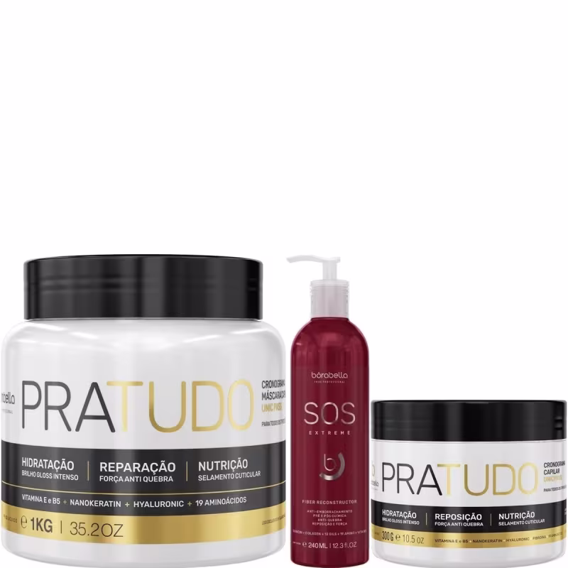 Kit com máscara Pra Tudo, de tamanhos diferentes, e máscara de reconstrução SOS Extreme, da marca Borabella.