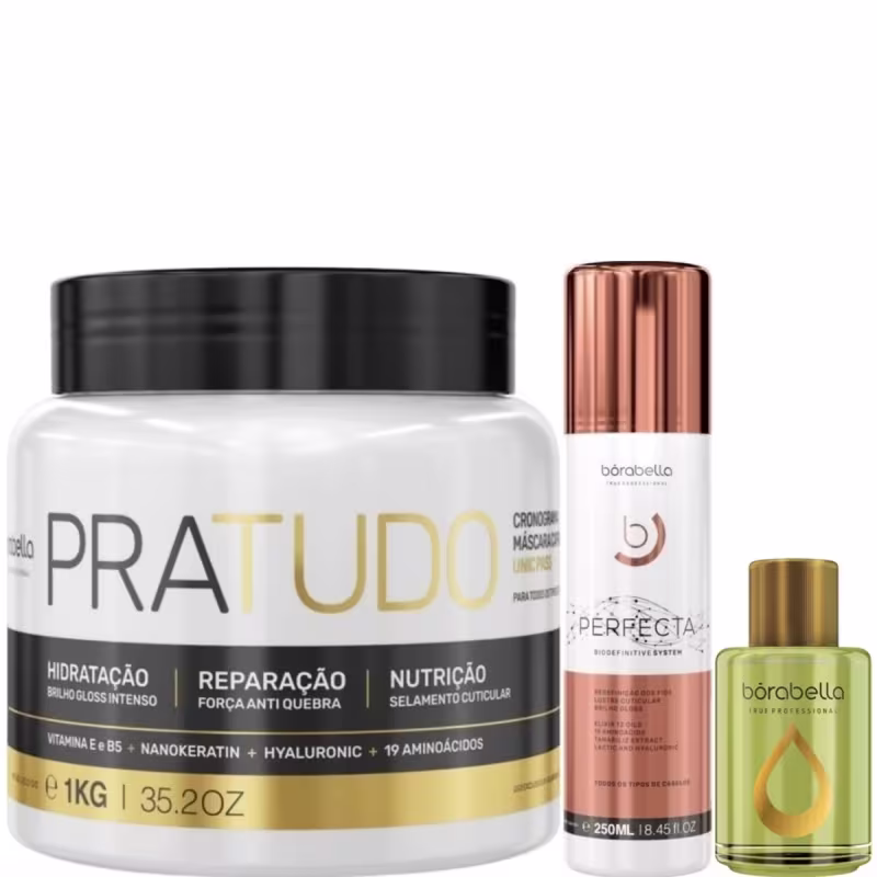 Kit com máscara Pra Tudo, reparador de pontas e escova progressiva Perfecta, da marca Borabella.