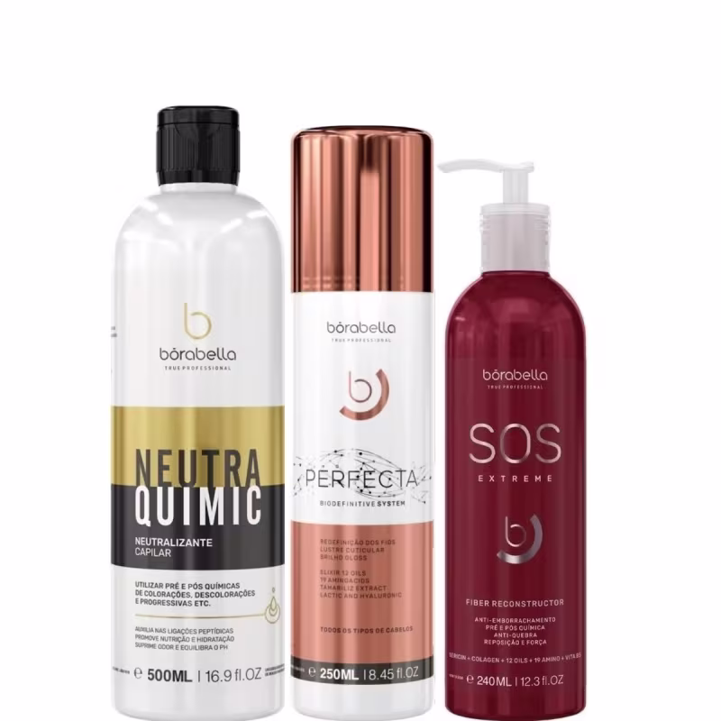 Kit com neutralizante NeutraQuimic, escova progressiva Perfecta e máscara SOS Extreme, da marca Borabella