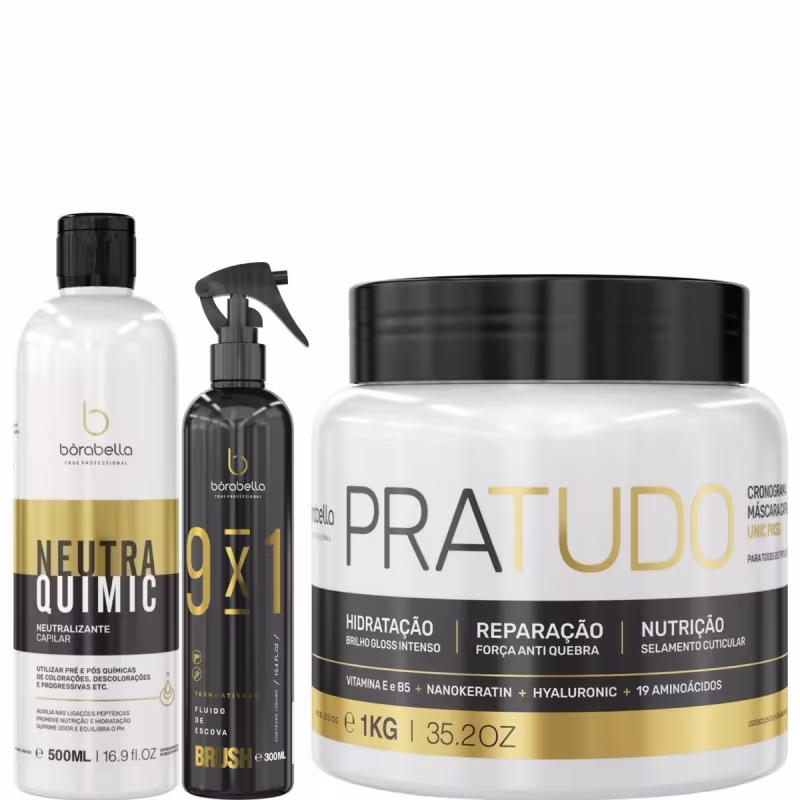 Kit com neutralizante NeutraQuimic, máscara Pra Tudo e leave-in 9x1 Brush, da marca Borabella