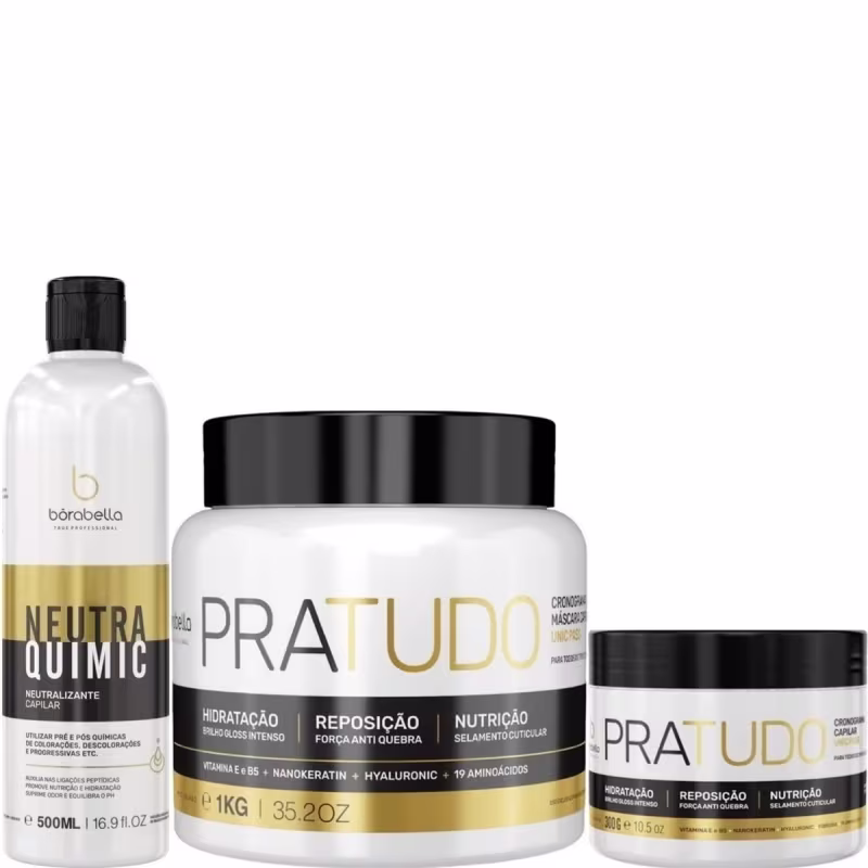 Kit com neutralizante NeutraQuimic e máscara Pra Tudo de diferentes tamanhos, da marca Borabella