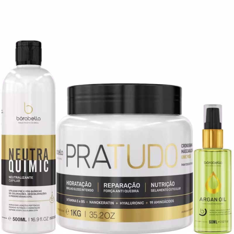 Kit com neutralizante NeutraQuimic, máscara Pra Tudo e reparador de Pontas Argan, da marca Borabella