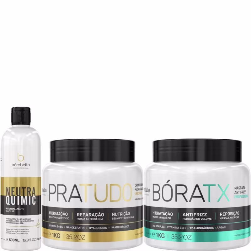 Kit com neutralizante NeutraQuimic, máscara Pra Tudo e máscara de realinhamento BoraTX, da marca Borabella.