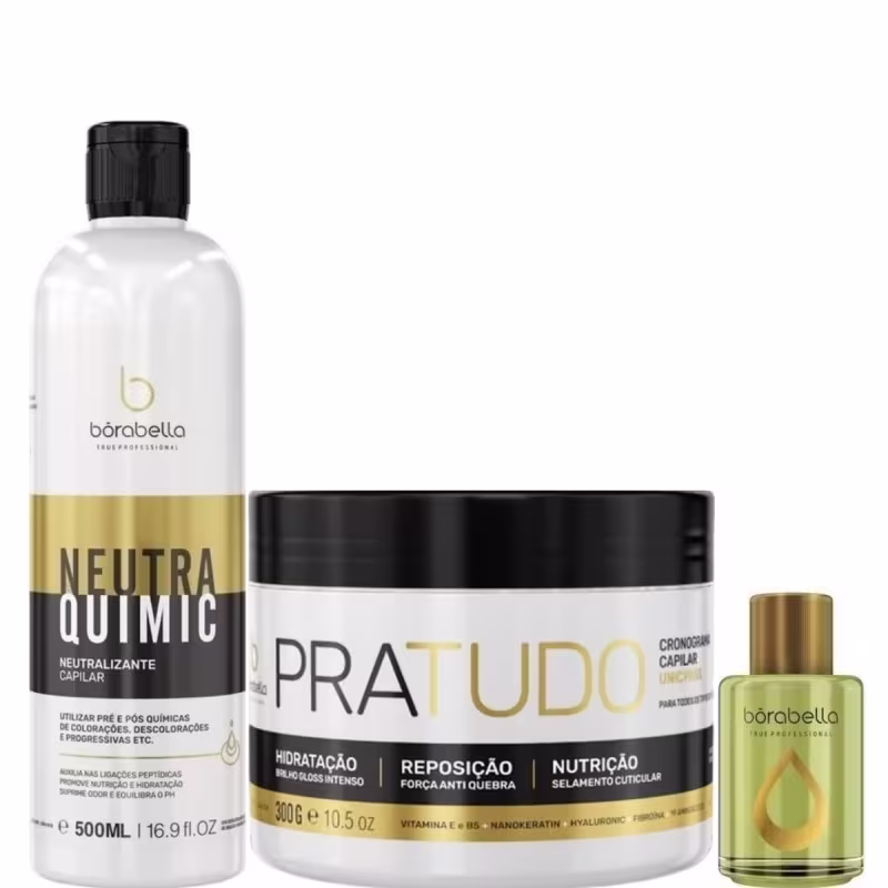 Kit com neutralizante NeutraQuimic, máscara Pra Tudo e reparador de Pontas Argan, da marca Borabella