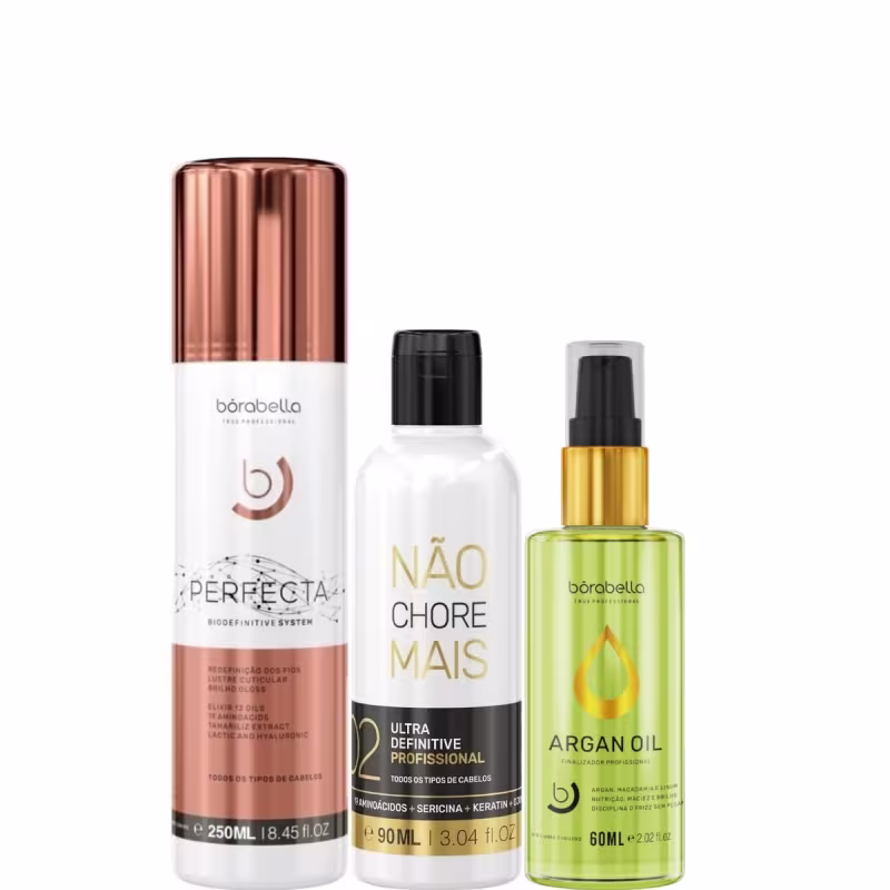 Kit com escova progressiva Perfecta, redutor de volume Não Chore Mais, além de reparador de pontas, da marca Borabella.