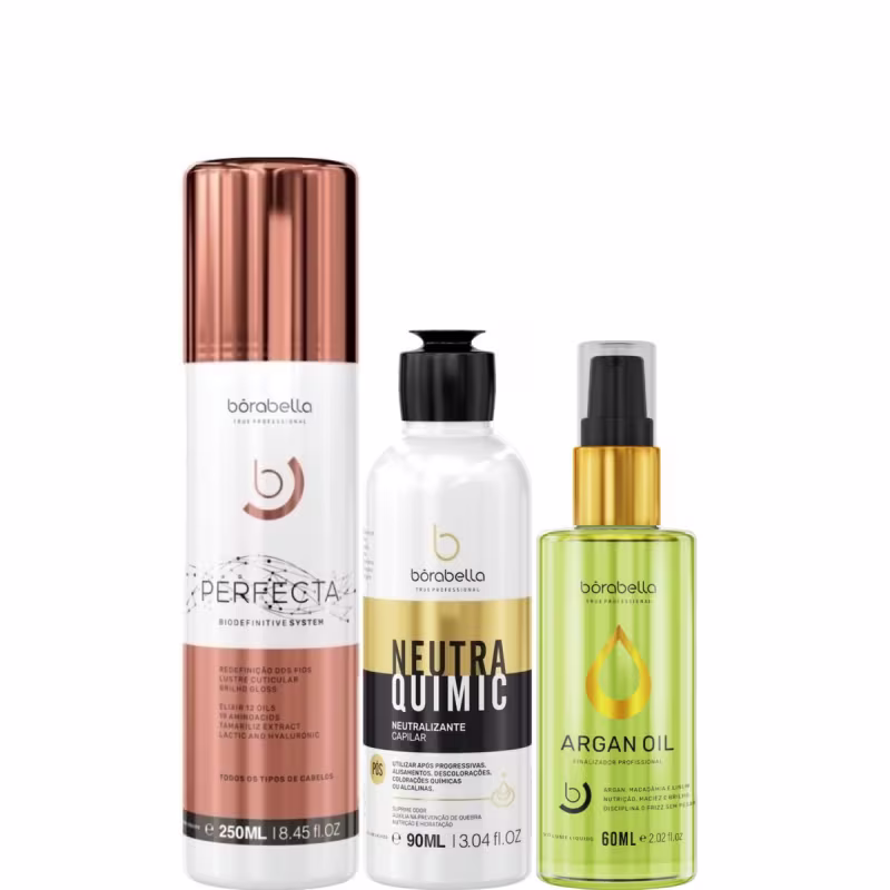 Kit com escova progressiva Perfecta, neutralizante capilar NeutraQuimic, além de reparador de pontas, da marca Borabella.