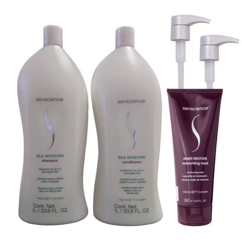 Kit Senscience Silk Moisture Shampoo e Condicionador 1 Litro + Inner Restore Máscara 200ml + 2 Válvulas Pump