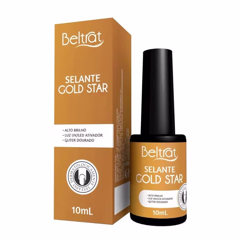 Selante Gold Star da Beltrat, um produto de beleza em frasco preto com rótulo laranja e branco. O produto é descrito como tendo alto brilho, luz UV/LED ativadora e glitter dourado.