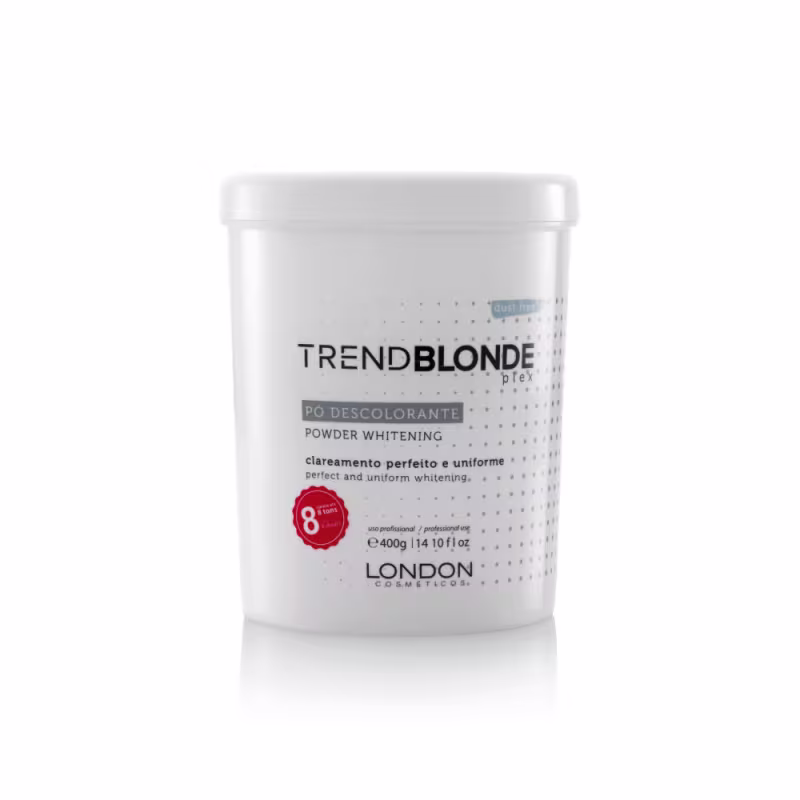 Pó descolorante da marca Trend Blonde, da London Cosmetics contendo 400g do produto. O rótulo exibe o nome da marca "Trend Blonde" em destaque, seguido da descrição "Powder Whitening".
