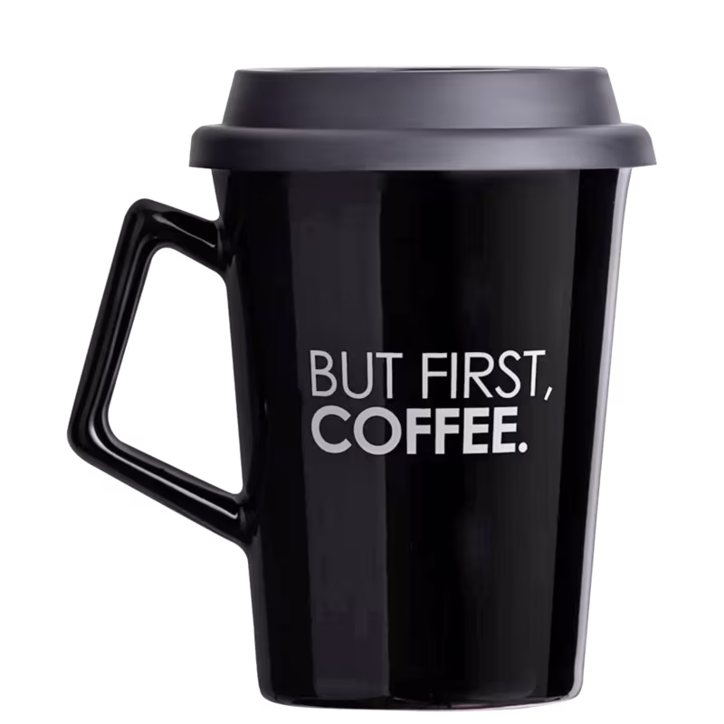 Caneca de Cerâmica com Tampa But First Coffee Moncloa - Preto