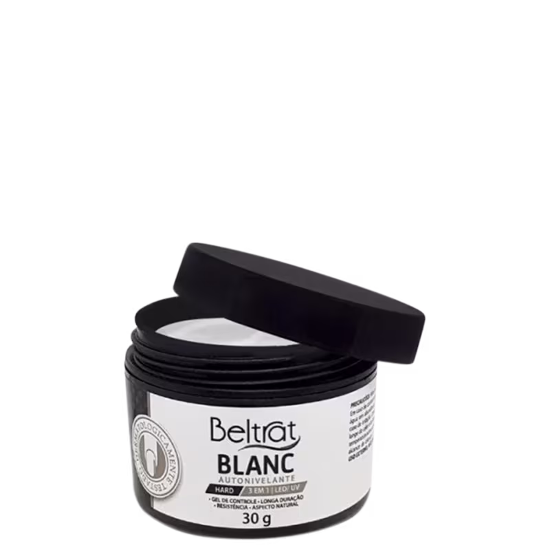 Pote preto de 30g do produto de beleza Beltrat Blanc, um autonivelante em formato de creme com rótulo branco e texto preto destacando o nome do produto.