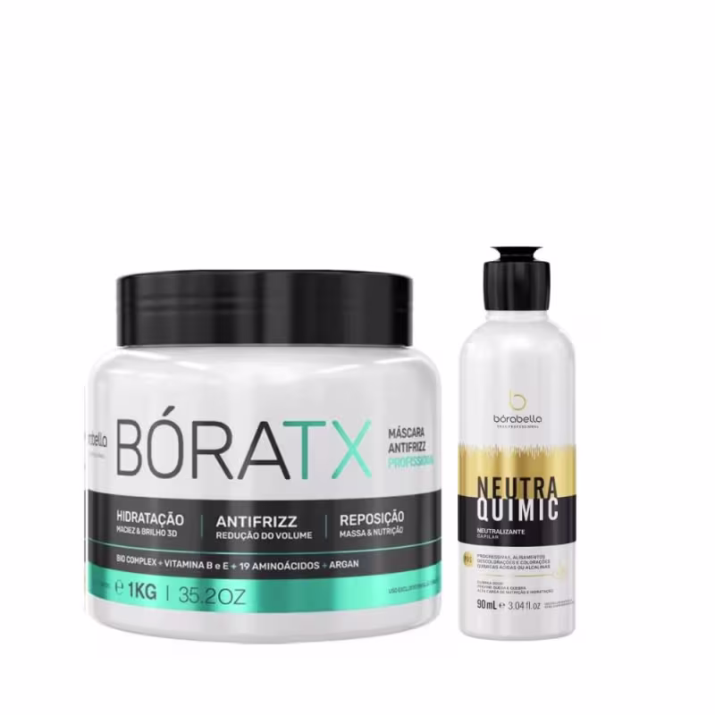 Kit com máscara de realinhamento BoraTX e neutralizante NeutraQuimic, da marca Borbabella.