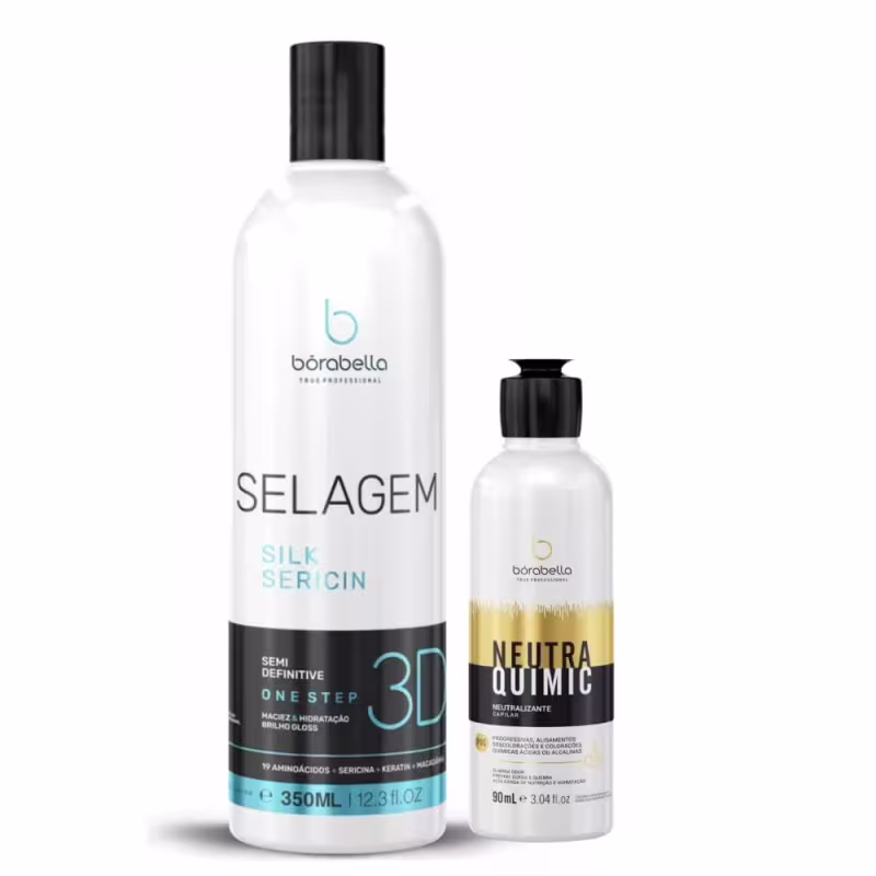 Kit com escova semidefinitiva Selagem 3D e neutralizante capilar NeutraQuimic, da marca Borabella.