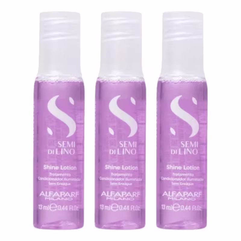 Três frascos de 13 ml da linha Semi di Lino da Alfaparf Milano, contendo um tratamento ampola capilar chamado "Shine Lotion", com embalagem de plástico transparente e rótulo em tom de roxo.