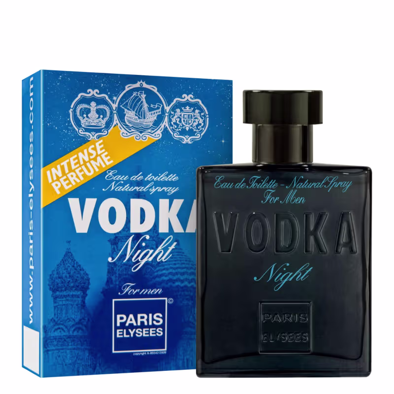 Perfume masculino Vodka Night da marca Paris Elysees. Frasco de vidro preto retangular com tampa preta e texto "Vodka Night" gravado em letras azuis claras. Caixa de papelão azul com detalhes em branco e amarelo, exibindo o logotipo da marca.