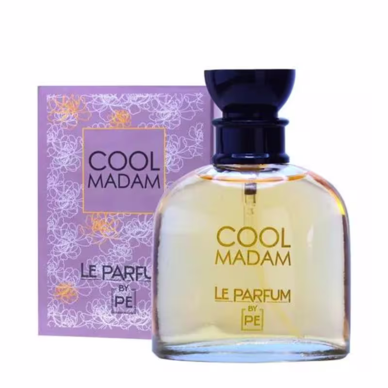 O produto apresentado é um perfume da marca Paris Elysees. É composto por um frasco de vidro transparente contendo um líquido âmbar e uma tampa azul escura. O frasco está embalado em uma caixa de papelão lilás com detalhes florais brancos e dourados.
