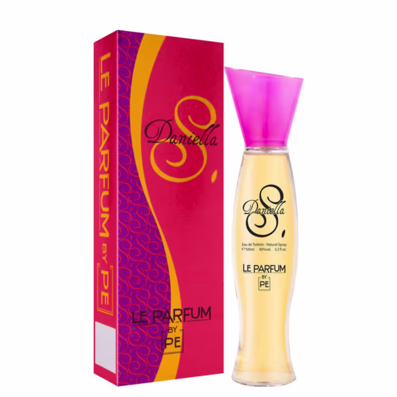 Perfume feminino Daniella Sabrini da marca Paris Elysees. Frasco de vidro âmbar com tampa plástica rosa vibrante. Caixa retangular vermelha com detalhes em laranja e padrão abstrato roxo.