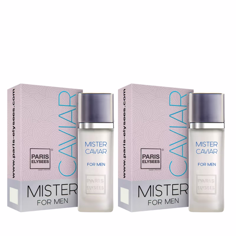 Dois frascos de perfume masculino Mister Caviar da marca Paris Elysees. Os frascos cilíndricos de metal prateado contêm o líquido incolor. Cada frasco está embalado em uma caixa retangular de papelão com padrão de círculos e o logotipo da marca.