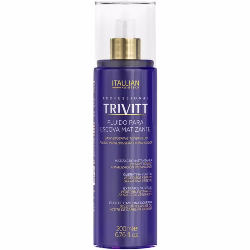 Produto de cuidados capilares Trivitt da marca Italian Hairtech. Frasco plástico cilíndrico azul marinho com tampa dourada. Rótulo com texto em português e espanhol descrevendo como um "Fluido para escova matizante". Volume de 200ml.