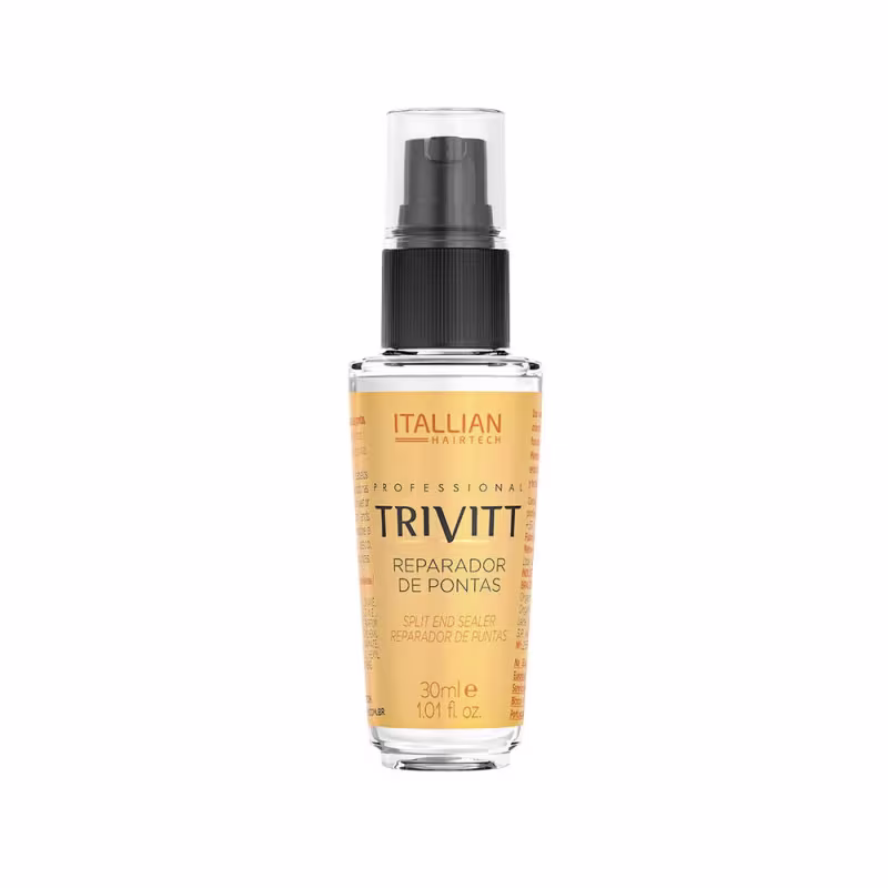 Produto de tratamento capilar Trivitt da marca Italian Hairtech. Frasco transparente de plástico com tampa preta contendo um líquido amarelo claro. Rótulo amarelo com o nome do produto "Trivitt Reparador de Pontas.