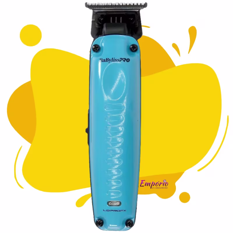 A imagem apresenta a máquina de cabelo e ao fundo possui formas amarelas orgânicas.