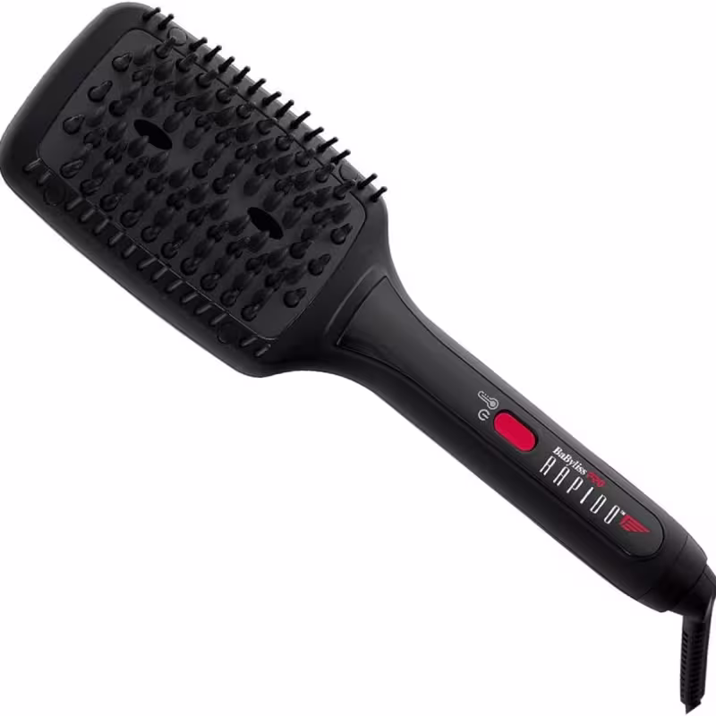 Escova alisadora BaByliss Pro, de cor preta. A escova possui cerdas plásticas pretas e um cabo alongado com um botão vermelho. Na parte inferior do cabo, há uma escala gráfica com indicações de temperatura.