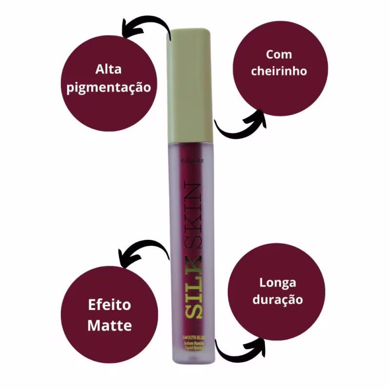 Batom líquido Ruby Rose. O produto é descrito como tendo "alta pigmentação", "efeito matte", "com cheirinho" e "longa duração".