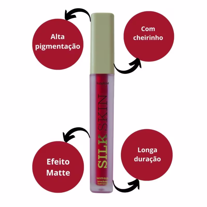 Batom líquido da marca Ruby Rose. O rótulo do produto destaca algumas de suas características, como "Alta pigmentação", "Efeito Matte", "Com cheirinho" e "Longa duração".