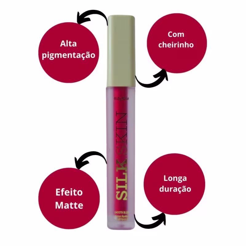 Batom líquido Ruby Rose. A imagem destaca algumas características, como "Alta pigmentação", "Efeito Matte", "Com cheirinho" e "Longa duração".