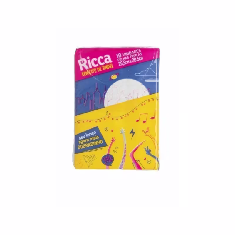 Lenços de papel da marca Ricca, com 10 unidades triplas de 29,5cm x 20,5cm. A embalagem apresenta design colorido com ilustrações e textos em português.