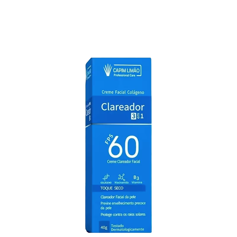 A imagem mostra uma caixa de creme facial clareador da marca Capim Limão. É um creme facial com colágeno e fator de proteção solar 60. A embalagem é azul com detalhes informativos em branco e destaca a frase "Clareador 3 em 1".