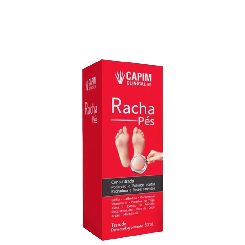 A imagem mostra uma caixa vermelha de um produto farmacêutico chamado "Racha Pés" da marca Capim Clinical. Ele foi testado dermatologicamente e tem volume de 60ml.
