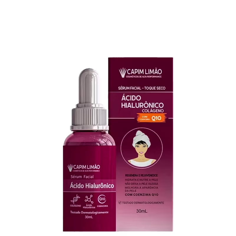 Na imagem um sérum facial à base de ácido hialurônico e colágeno, com coenzima Q10. O frasco é de cor vinho e contém 30ml. Ao lado está a embalagem na mesma cor e com informações sobre os benefícios, como regenerar, rejuvenescer, hidratar e nutrir.