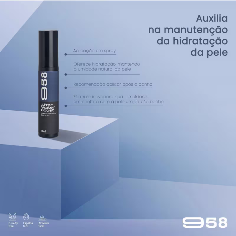 Loção protetora corporal After Water Boost, da marca 958. Auxilia na manutenção da hidratação da pele.