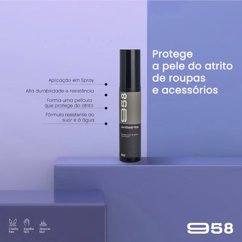 Loção protetora corporal antiatrito, da marca 958. Protege a pele do atrito de roupas e acessórios.