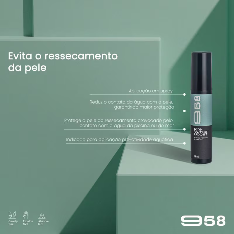 Loção protetora corporal Pre Water Boost, da marca 958. Evita ressecamento da pele
