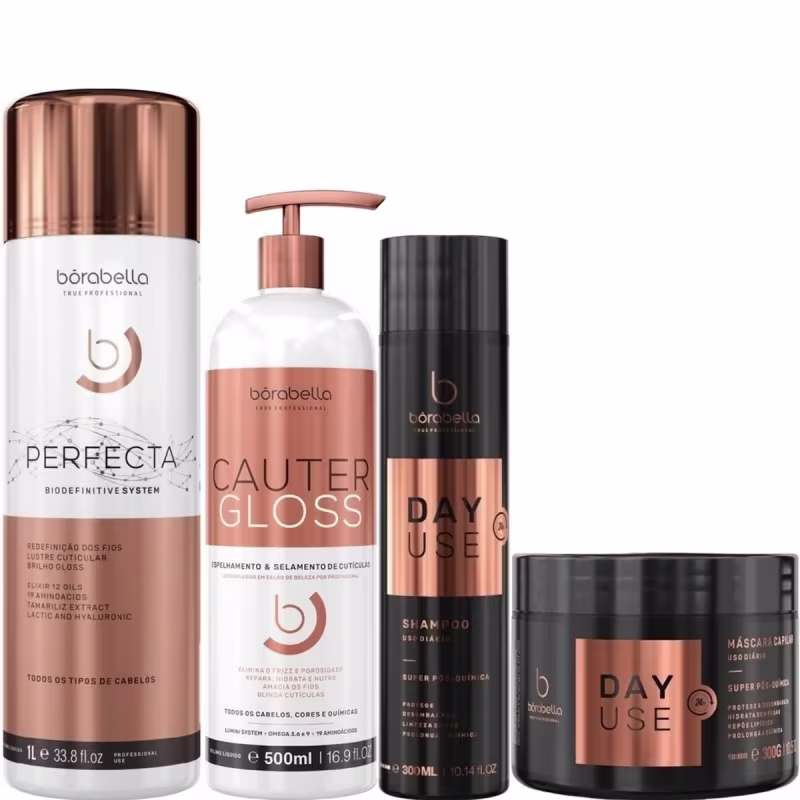 Kit da marca Borabella com:
01 Borabella Perfecta Progressiva BioDefinitive 1 Litro.
01 Borabella Cauter Gloss Espelhamento e Blindagem Cuticular 500ml.
01 Borabella Shampoo Day Use 300ml.
01 Borabella Day Use Máscara Capilar Super Pós-Química 300g.