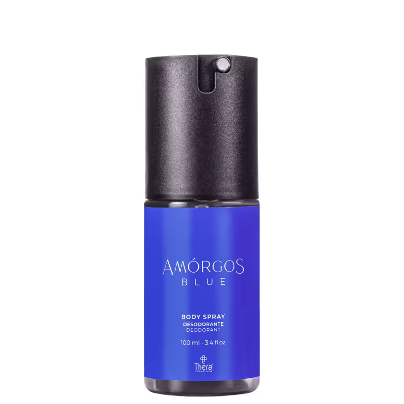 Body spray desodorante Amórgos Blue da marca Thera Cosméticos. Cores predominantes azul intenso e preto.