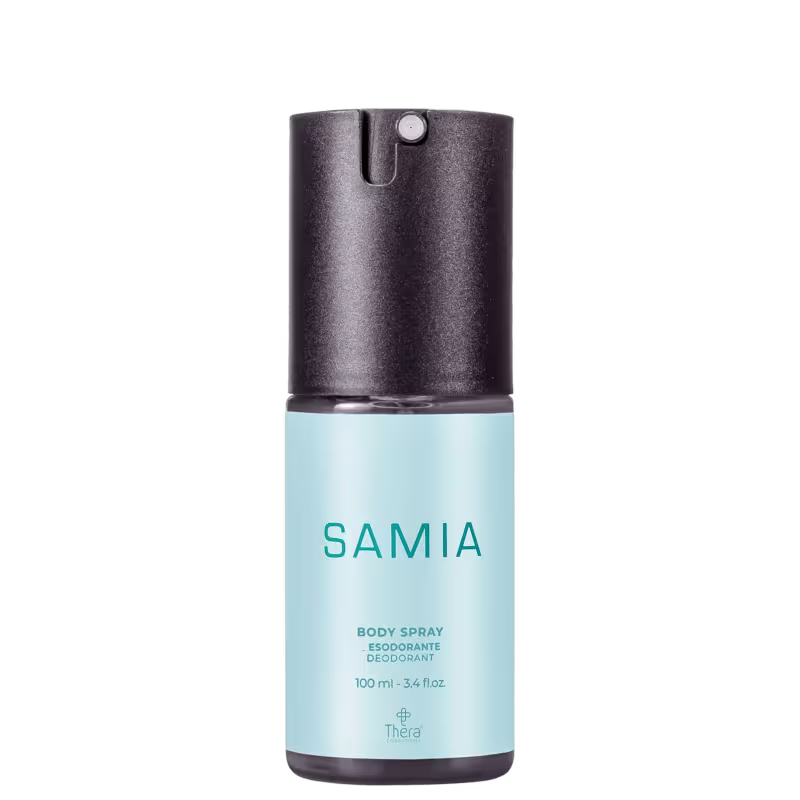 Body spray desodorante Samia, da marca Thera Cosméticos. Frasco cilíndrico azul claro com a parte superior em preto.
