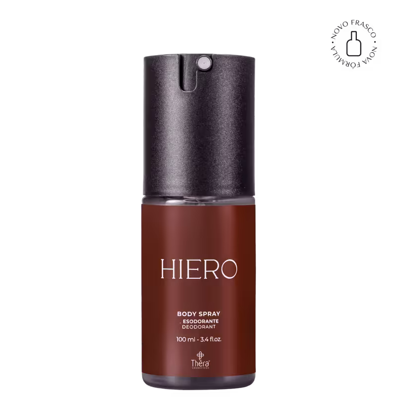 A imagem mostra o body spray desodorante Hiero e ao lado um selo destaca: novo frasco, nova fórmula.