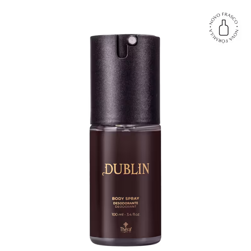 A imagem mostra o body spray desodorante Dublin e ao lado o selo com a informação: novo frasco, nova fórmula.