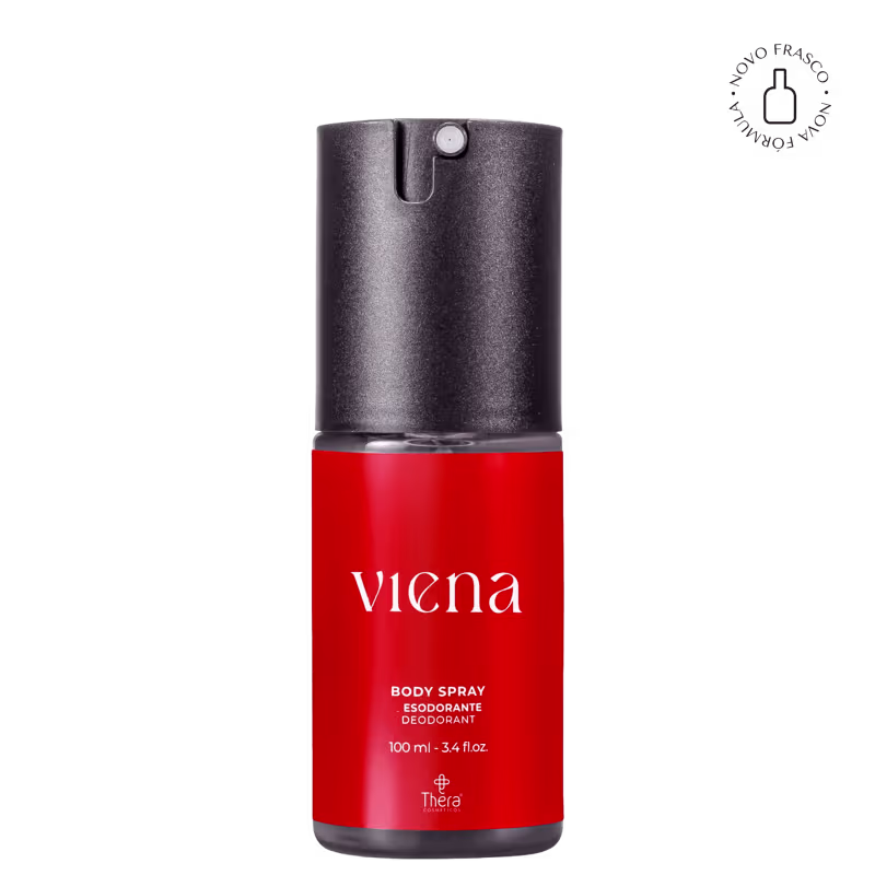 Embalagem em vermelho brilhante. Rótulo frontal vermelho com o nome "Viena" em letras brancas. Ao lado da imagem, selo com a seguinte informação: novo frasco, nova fórmula.