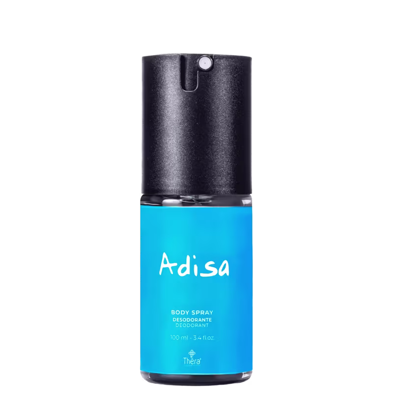 Body spray desodorante Adisa da marca Thera Cosméticos. Embalagem cilíndrica com rótulo azul claro e parte do aplicador na cor preta.