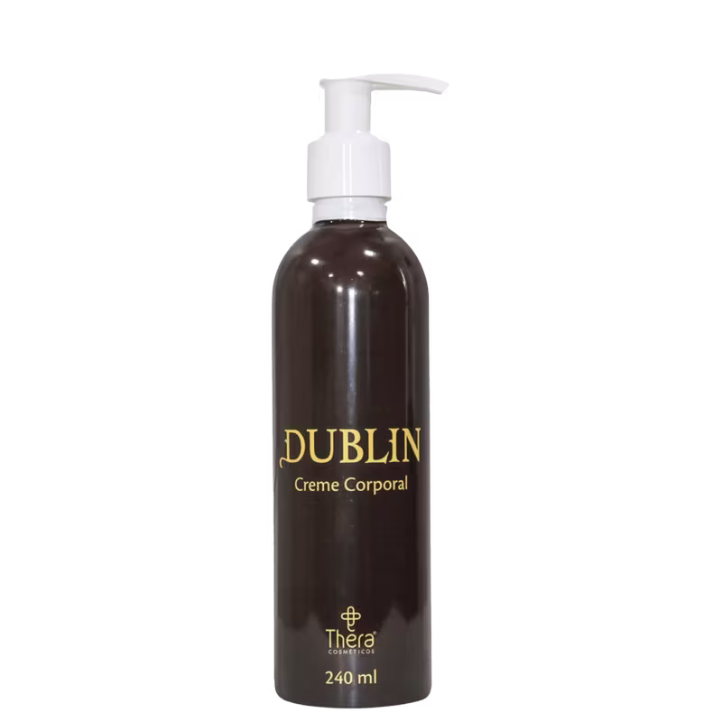 Creme corporal Dublin da marca Thera Cosméticos. Embalagem de plástico marrom translúcido com bomba dosadora branca. Rótulo dourado com o nome "Dublin Creme Corporal" e o logotipo da marca. Capacidade de 240ml indicada na parte inferior.