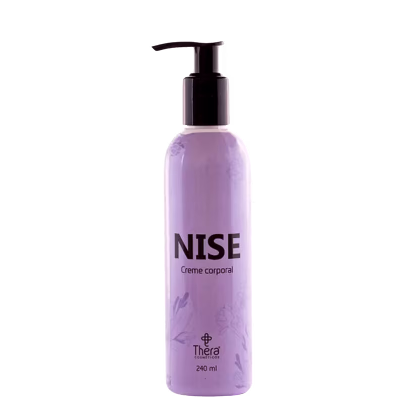 Creme corporal Nise da marca Thera Cosméticos. Embalagem plástica na cor lilás, com bomba doseadora preta. Rótulo com o nome do produto "Nise Creme corporal" em letras pretas, logotipo da marca Thera e indicação do volume de 240ml.