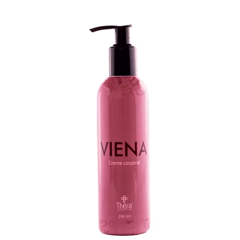 Creme corporal Viena da marca Thera Cosméticos. Embalagem plástica rosa transparente com bomba dosadora preta. Rótulo com o nome "Viena Creme corporal" em letras pretas. Informações adicionais como "Thera Cosméticos" e "240 ml" na parte inferior.