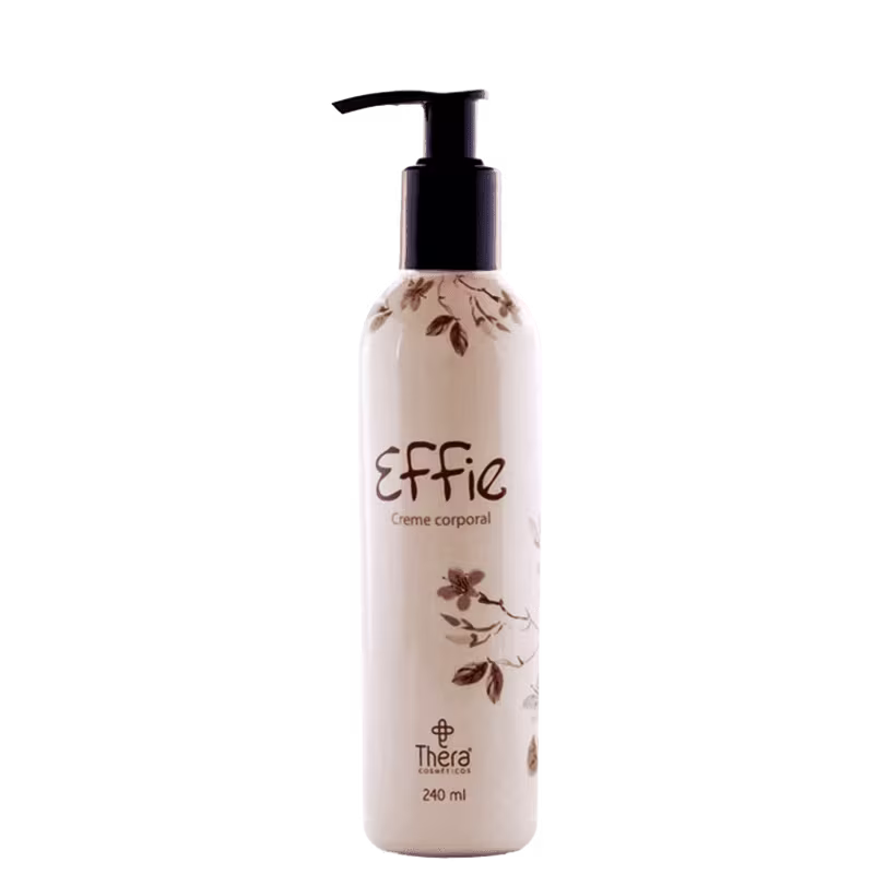 Creme corporal em frasco plástico de 240ml. Embalagem branca com detalhes de folhas e galhos em marrom. Rótulo com o nome "Effie Creme corporal" e a marca "Thera" na parte inferior. Bomba dosadora preta no topo.