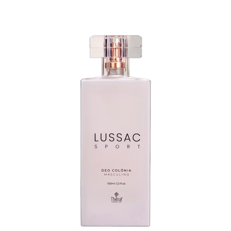 Perfume masculino Lussac Sport da marca Thera Cosméticos. Frasco retangular de vidro transparente com detalhes metálicos rosados na tampa. Rótulo com o nome do produto "Lussac Sport" em letras pretas sobre fundo branco.