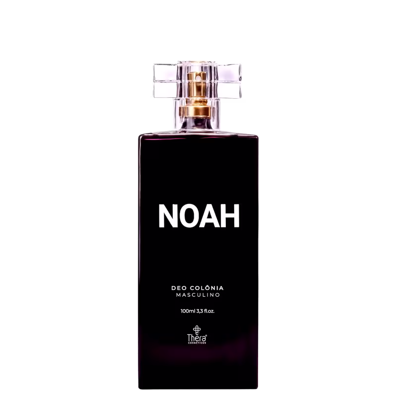 Perfume masculino em frasco retangular preto com tampa transparente. Aparece o nome "NOAH" em letras brancas maiúsculas e a descrição "DEO COLONIA MASCULINO" abaixo. Na parte inferior, informações "100ml 3.3 fl.oz." e o logotipo "Thera cosmetica".