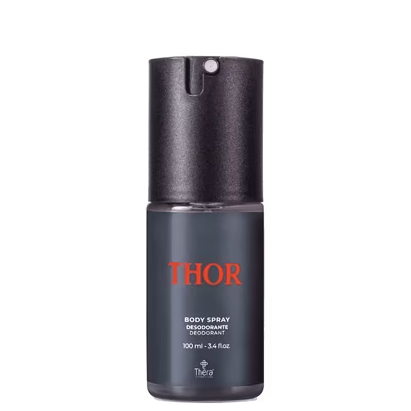 Desodorante corporal spray da marca Thor. Embalagem cilíndrica metálica preta fosca. Nome "THOR" em letras laranjas. Informações adicionais "Body Spray Desodorante" e "100 ml . Logotipo da marca Thera Cosméticos também visível.